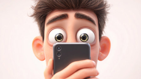 Young person with large eyes looking surprised while holding a smartphone, showcasing a moment of intrigue in a cartoonish styleの素材