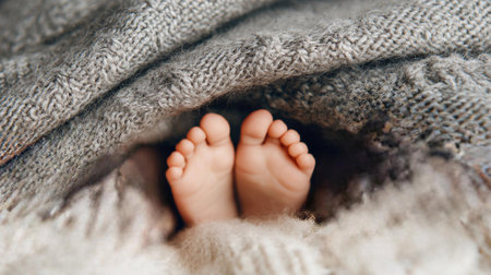 Soft baby feet nestled in a cozy gray blanket showing warmth and comfort during quiet moments at homeの素材