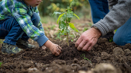 Child and adult planting a young tree together in a garden during a sunny day, promoting teamwork and environmental awarenessの素材