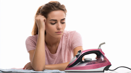 Woman looks thoughtfully at an iron while preparing to do laundry in a bright, tidy space during the dayの素材