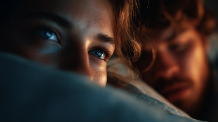 Close-up of a woman looking thoughtfully while a man sleeps beside her, capturing a moment of intimacy and reflection in soft lightingの素材