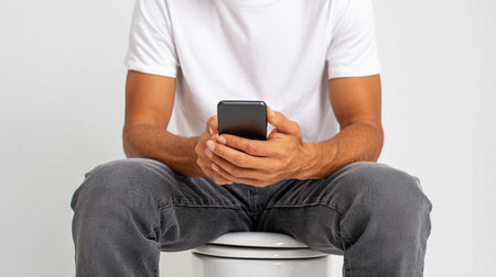 Man using smartphone while sitting on toilet in modern bathroomの素材