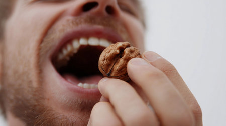 Man preparing to crack a walnut with his teeth indoors, displaying intense focus and concentration on a fun challenge during a casual momentの素材