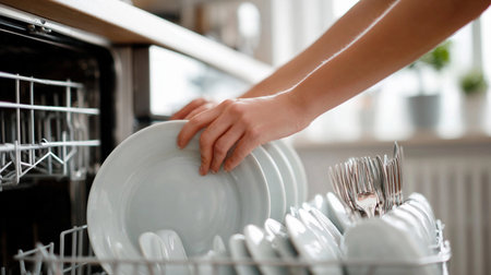 Loading clean dishes into a modern dishwasher in a bright kitchen with natural light coming through the windowの素材