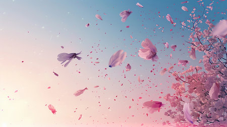 Soft pink petals swirl in the air during a gentle spring breeze at sunset with a colorful sky filled with beauty and tranquilityの素材