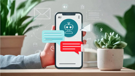 Mobile device displaying chatbot interface with text messages and digital elements placed on a desk beside a succulent plant in a modern workspaceの素材
