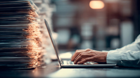 Office worker typing on laptop amid stacks of documents in a busy workspace during late afternoonの素材