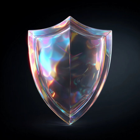 Colorful glass shield with reflective surface glowing against a dark background, showing intricate light patternsの素材