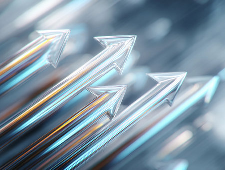Dynamic arrangement of transparent arrows pointing upward against a vibrant gradient background illustrating progress, ambition, and innovationの素材