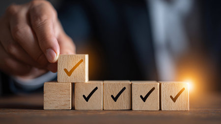 Building a foundation of success with wooden blocks and checkmarks in a professional settingの素材
