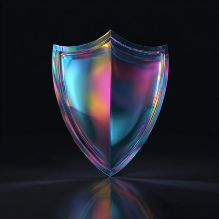 Colorful shield design with vibrant hues and reflections displayed on a dark background for artistic and conceptual purposesの素材