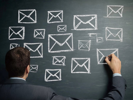 Businessman drawing email icons on chalkboard while brainstorming digital communication strategies in a corporate office settingの素材