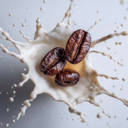 Coffee beans create a splash in milk during a creative food photography session in a well-lit studioの素材