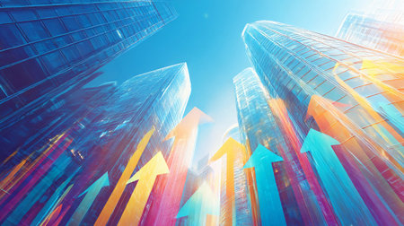 City skyscrapers towards reach the bright blue sky with arrows symbolizing growth and progress in a corporate landscape during the daytimeの素材