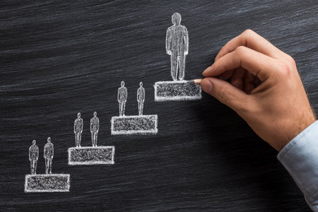 Hand drawing a person standing confidently on top of stairs with others below, representing growth and achievement in personal development contextの素材