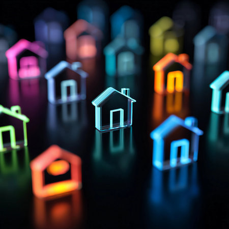 Colorful miniature houses illuminated in vibrant hues on a dark reflective surface showcasing creative lighting design and artistic arrangement during evening hoursの素材