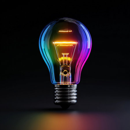 Colorful light bulb glowing in a dark background, showcasing modern design and vibrant hues representing creativity and innovationの素材