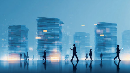 Busy urban environment with people walking among towering stacks of documents in a digital landscape during twilight hoursの素材
