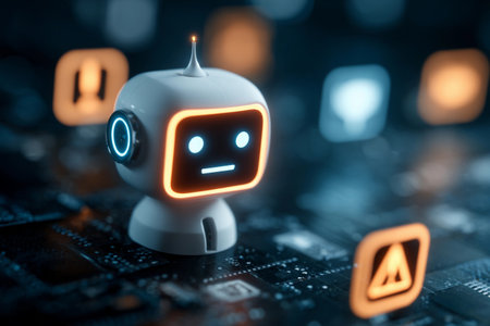 Robot character with glowing features in a futuristic digital environment interacting with circuit patterns and symbolic iconsの素材
