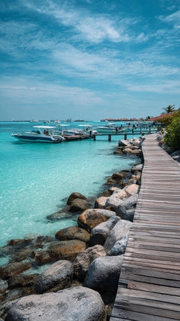 Tropical harbor with wooden walkway, clear blue water, and boats near rocky shorelineの素材