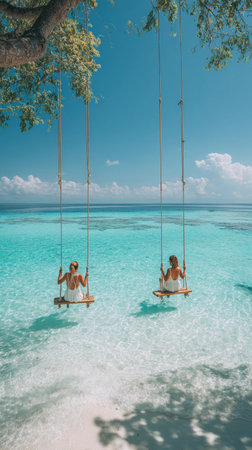 Enjoying swings over crystal-clear ocean waters at a tropical beach under a bright blue sky during a sunny dayの素材