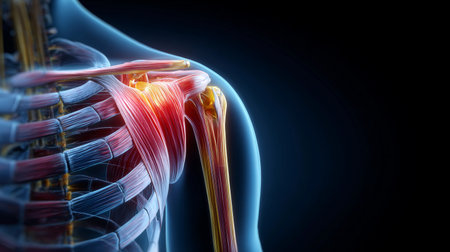Detailed anatomical illustration of the human shoulder with highlighted muscles and skeleton structureの素材