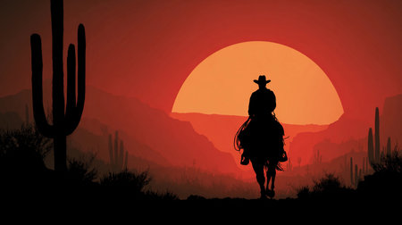 Cowboy riding through desert landscape at sunset with silhouettes of cacti and mountains in the backgroundの素材