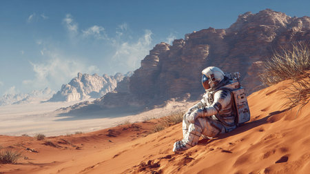 Astronaut resting on a Martian landscape with rugged mountains in the distance under a clear blue sky during daylightの素材