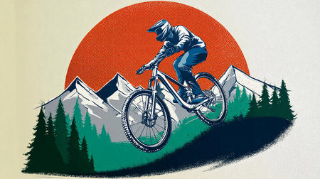 Mountain biker performing a jump against a backdrop of bold mountains and a vibrant sunset, showcasing adventure and the thrill of outdoor sportsの素材