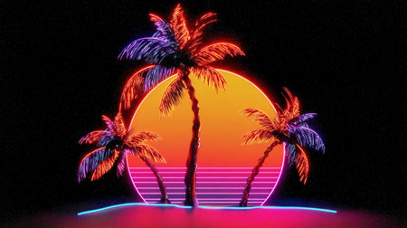 Neon sunset with palm trees against a dark background creates a vibrant tropical atmosphere in this artistic representationの素材