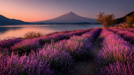 Lavender fields near a serene lake with Mount Fuji in the background at sunriseの素材