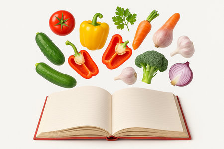 Colorful vegetables floating above an open recipe book on a neutral background showing healthy cooking inspiration for mealsの写真素材