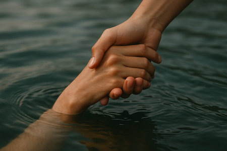 Couple sharing a moment of connection as one partner helps the other emerge from the water during sunset at a serene lakeside locationの写真素材