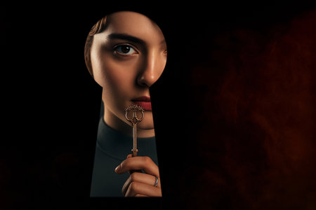 Mysterious woman holding an ornate key peers through a keyhole, hinting at secrets behind closed doors in a dimly lit settingの写真素材