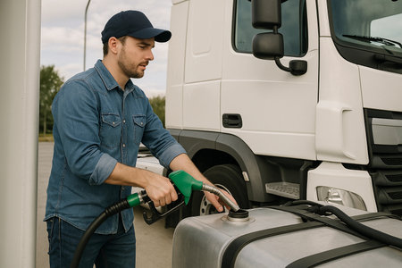 Truck driver refuels large vehicle at fuel station during daytime in a rural area, preparing for the next leg of a long journeyの写真素材