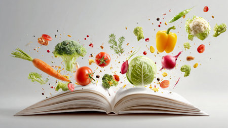 Colorful vegetables burst from an open cookbook, showcasing healthy recipes and culinary creativity in a vibrant display of fresh ingredients and flavorsの写真素材