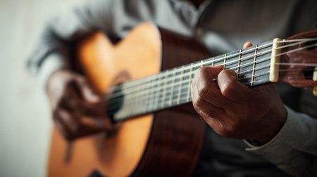 Guitarist skillfully plays acoustic guitar focusing while on intricate finger placements in a cozy...