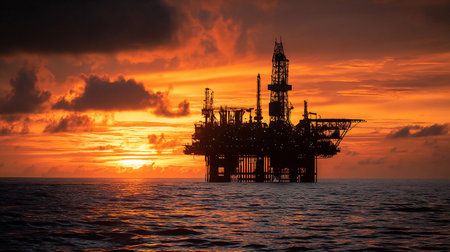 Oil rig silhouetted against a vibrant sunset over the ocean, symbolizing energy production and...