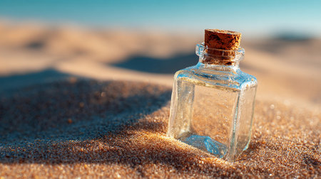 Message in a bottle resting on sandy beach at sunrise with gentle waves in the background reflecting warm lightの写真素材