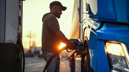 Man fueling a blue truck at a gas station during sunset with vibrant orange and yellow sky in the...