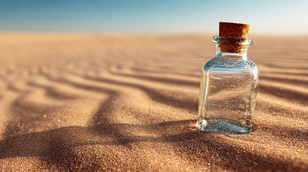Glass bottle resting on sandy desert floor under clear blue sky during golden hour, showcasing rippled sand patterns and tranquil environmentの写真素材