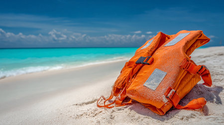 Bright orange life jackets resting on a sandy beach with clear turquoise waters under a blue sky, capturing summer's essence and safety at the seasideの写真素材