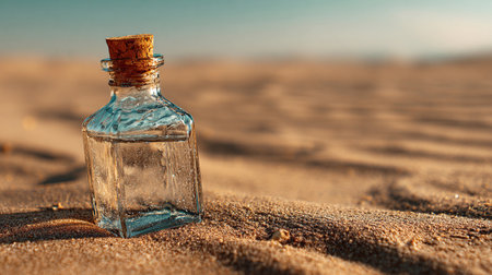 Glass bottle on sandy beach at sunset reflecting golden light and casting shadows in a tranquil coastal settingの写真素材