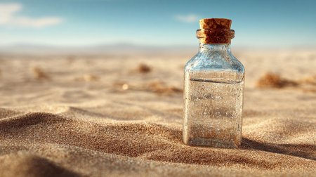 Desert landscape with glass bottle filled with water resting on sand during bright daylight near distant mountainsの写真素材