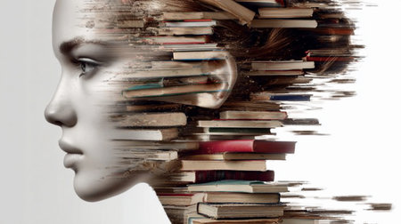 Creative artwork depicting a human silhouette blending with stacked books representing knowledge and learning in a modern, abstract styleの写真素材
