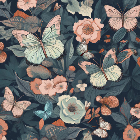 Colorful butterflies in a floral pattern featuring various flowers and plants on a dark blue background for a vibrant and elegant designの写真素材