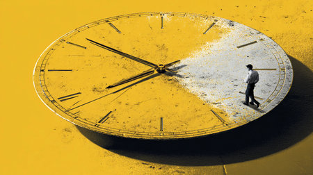 Conceptual representation of time with a giant clock in a surreal landscape highlighting the transition from day to nightの写真素材