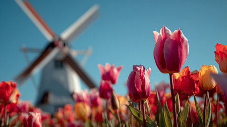 Vibrant tulip fields bloom near a traditional windmill under a clear blue sky in springtimeの写真素材