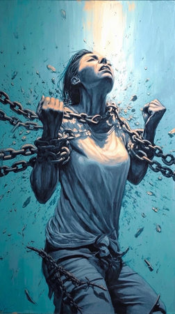 Struggling against chains, a woman conveys resilience and power as she breaks free from bondage, illuminated by a powerful light above in a surreal artistic representationの写真素材
