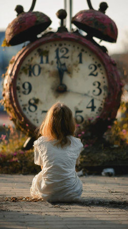 Child sits quietly in front of an oversized clock surrounded by flowers during a sunny afternoon,...